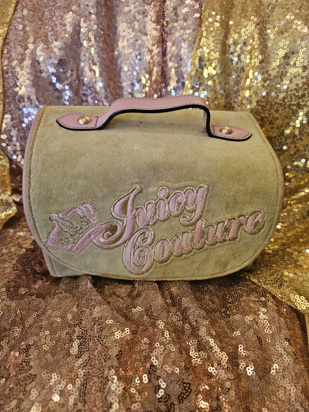 Juicy Couture Olive Green Velvet Logo Handbag with Pink Trim